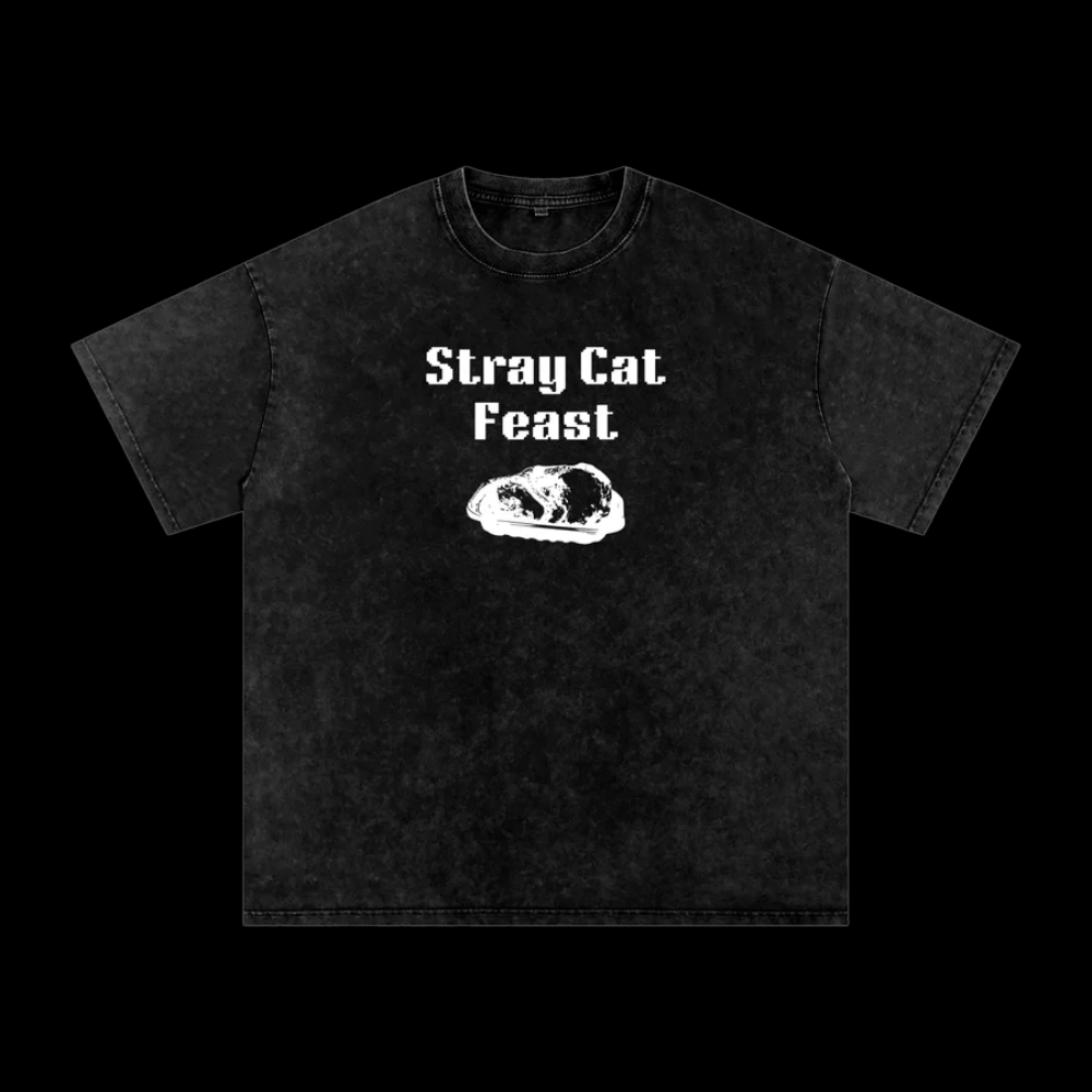 Black t-shirt with 'Stray Cat Feast' text and graphic on a black background
